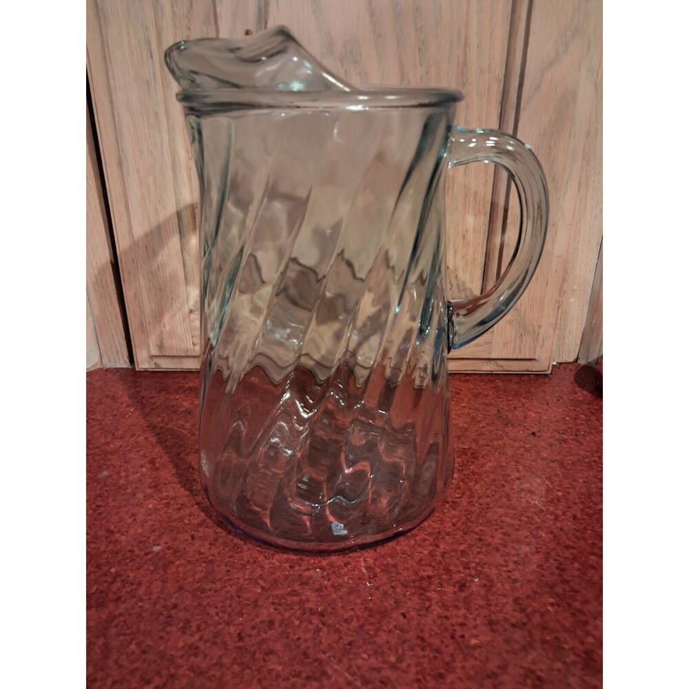 Vintage Indiana Water Glass Pitcher w Ice Lip Light Blue Twisted Optic Swirl 9"